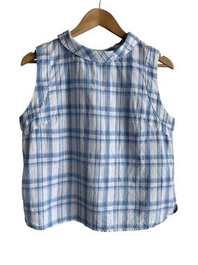 Lintico Linen Cotton Plaid Sleeveless Top Sz L Blue White Cottage Coastal Blouse
